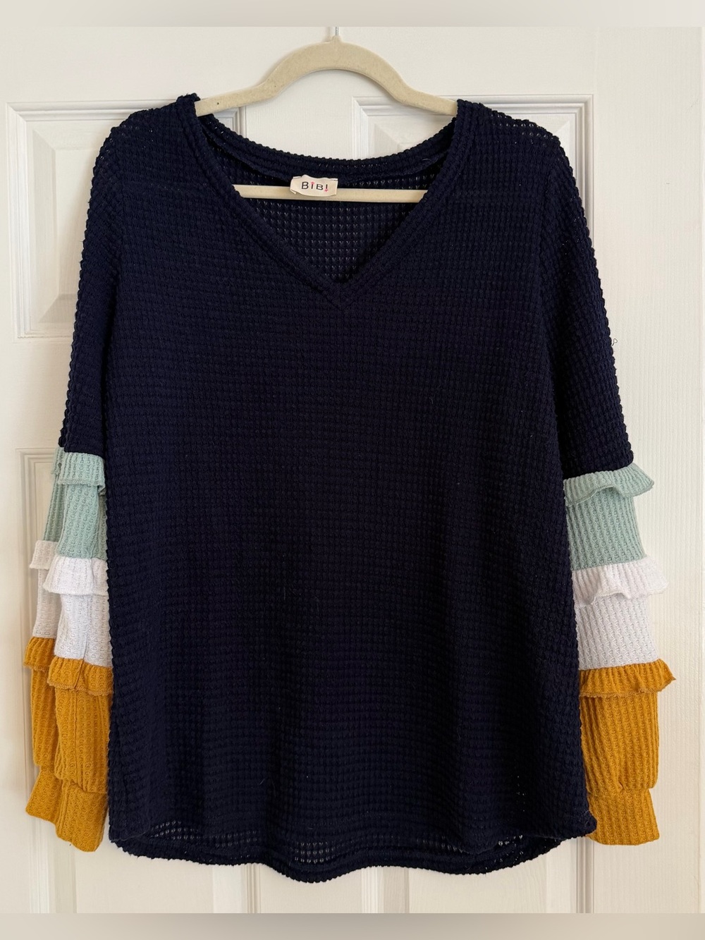 BiBi Waffle Knit Top Small Navy Tiered Ruffle Sleeve Color Boho Made in USA